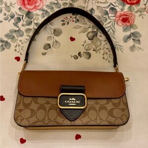 Coach Morgan Shoulder Bag in Colorblock Signature Canvas- Gold/ Khaki